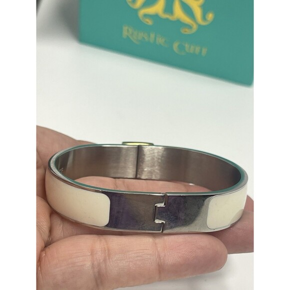 Rustic Cuff Silver Tone Cream Enamel Hindged Bangle Bracelet New - Picture 7 of 11